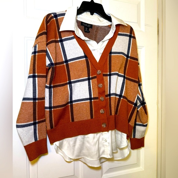 Rachel Zoe 2 In 1 Plaid Sweater White Blouse Size Large NWOT Rust Black White - Picture 1 of 6